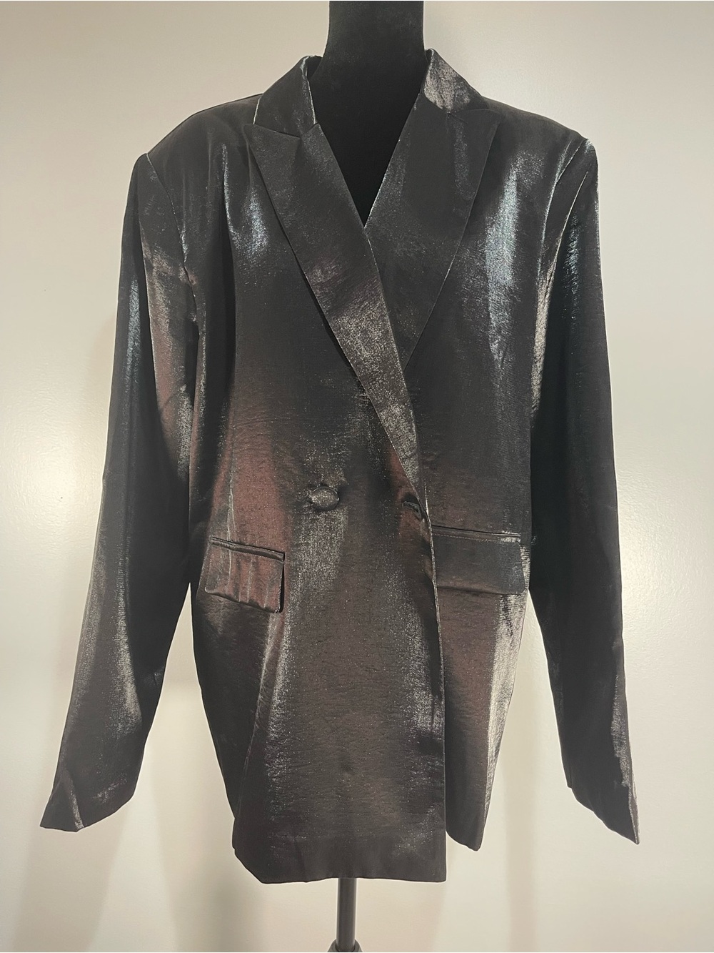 NWT PrettyLittleThing Black Metallic Longline Blazer Jacket US6